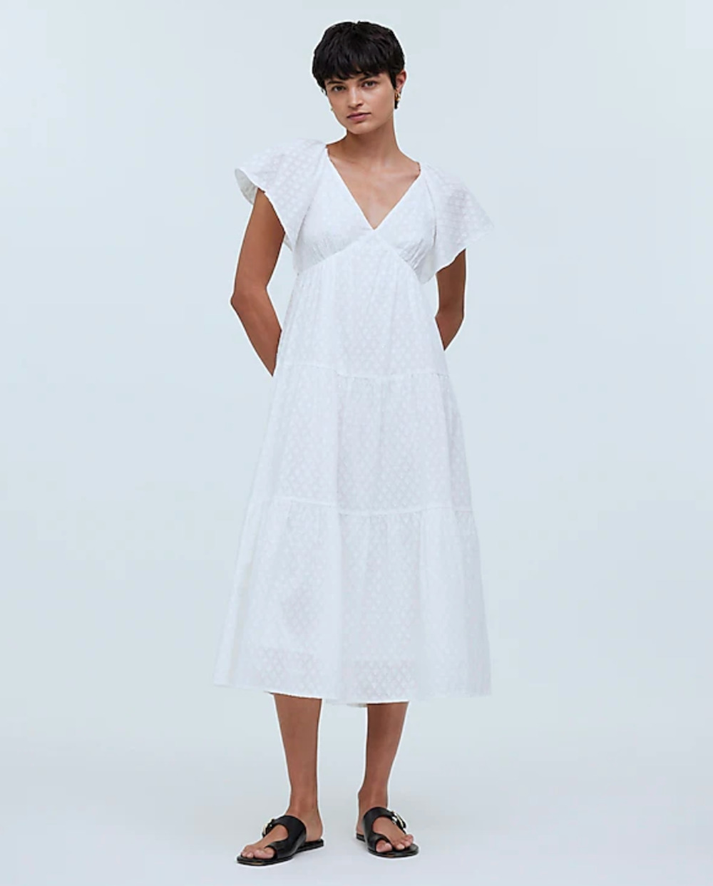Madewell Tie Back Flutter Sleeve Tiered Midi Dress White Cottagecore US 8 NWT